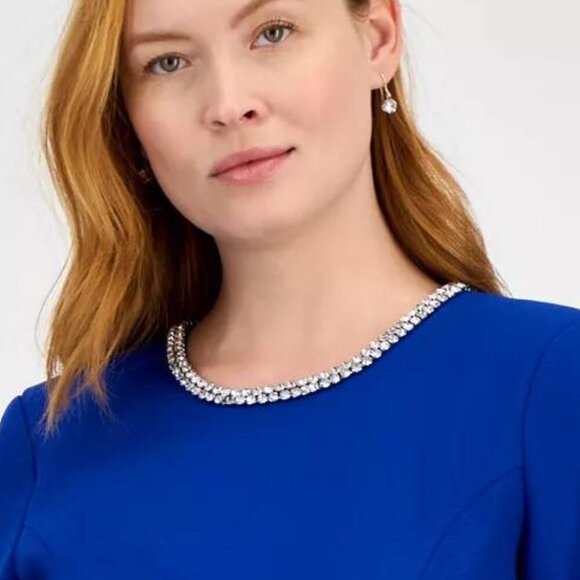 Tahari Cobalt Blue Rhinestone Trim Shift Dress - Size 12 - NWT - Picture 2 of 5